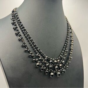 Spectacular Vintage Three Strand Black Rhinestone Necklace & Clip Earrings Set